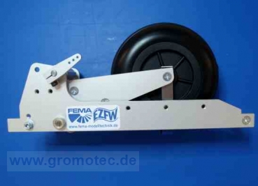 Preview: FEMA Einziehfahrwerk für eigenstartfähige Großsegler mit Nasenantrieb im Maßstab 3,3-3,7, komplett montiert mit Rad 90mm und Bügel.